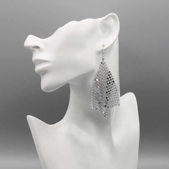 Jewelry earrings mesh statement party occasional drop dangle large silver tone - Picture 7 of 11